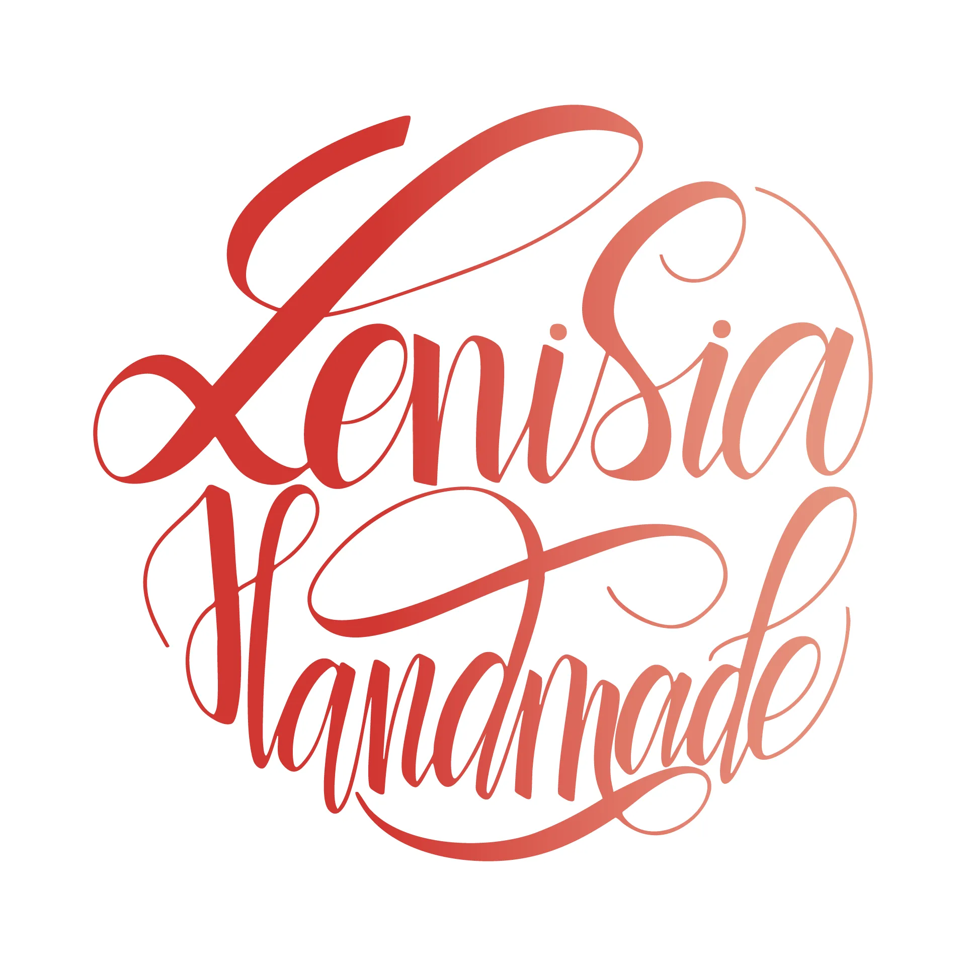 Ručne písané logo „Lenisia Handmade“ v červenej kaligrafii v kruhovom ráme