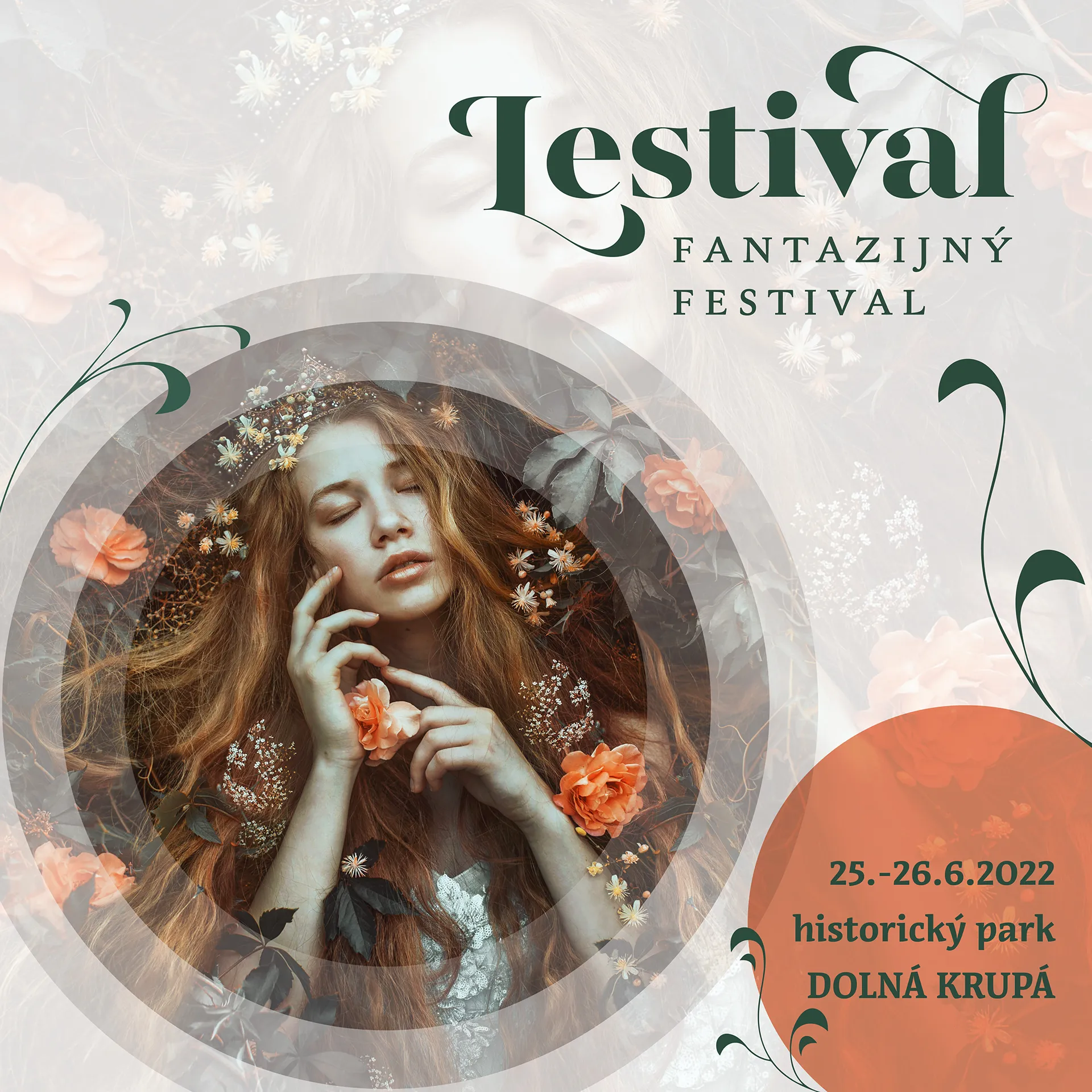 Plagát festivalu Lestival s portrétom ženy a rastlinnými prvkami, jemné pastelové farby