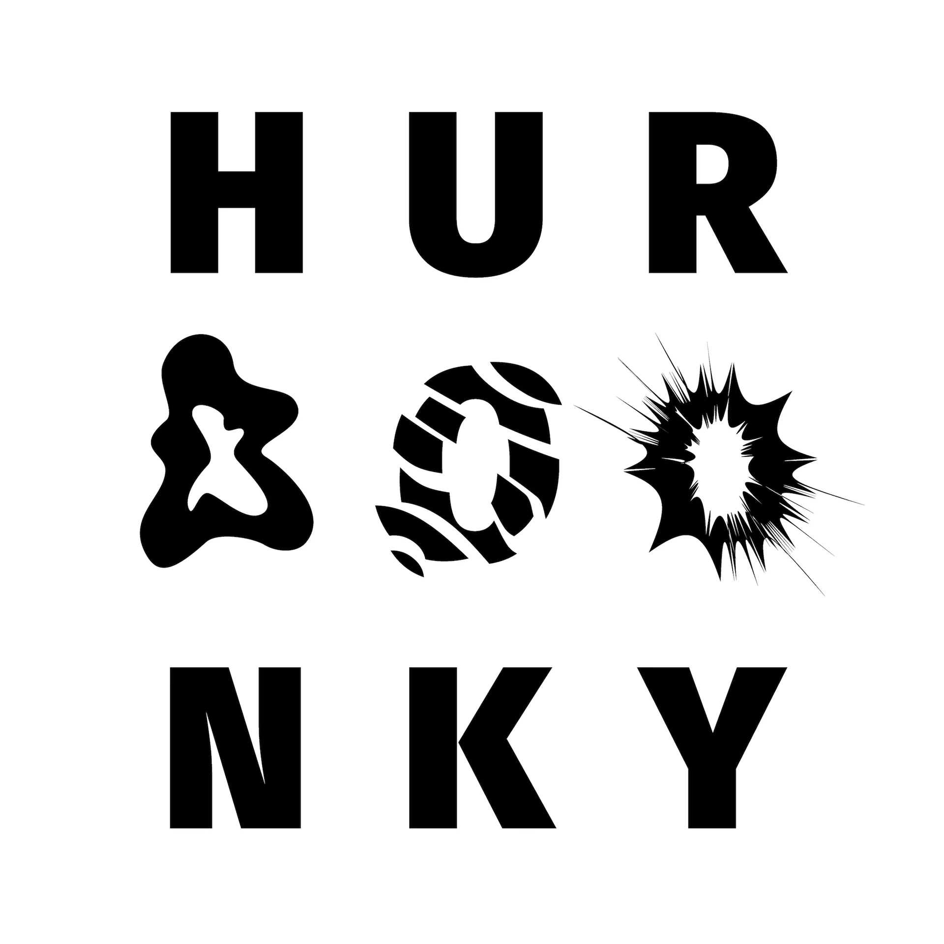 Typografická kompozícia nápisu „HUROOONKY“ s rôznymi experimentálnymi tvarmi písmen