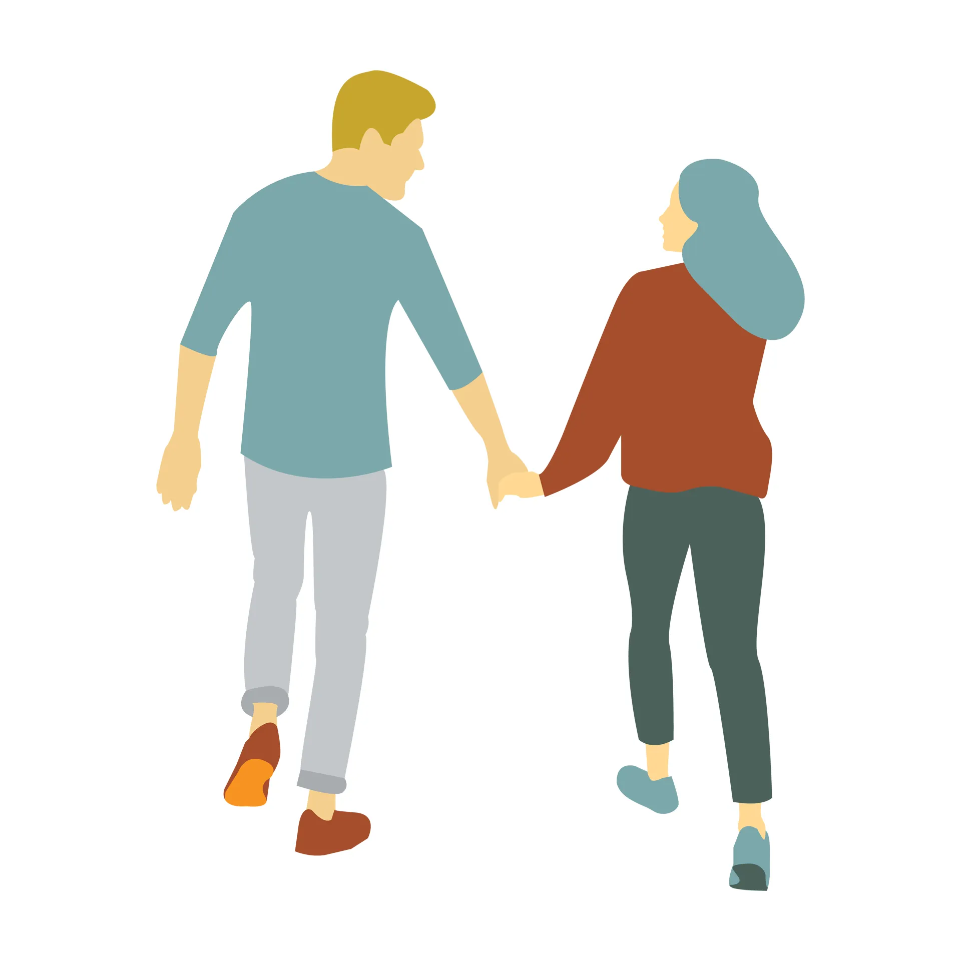 Ilustrovaný pár kráčajúci ruka v ruke, jednoduchý plochý štýl