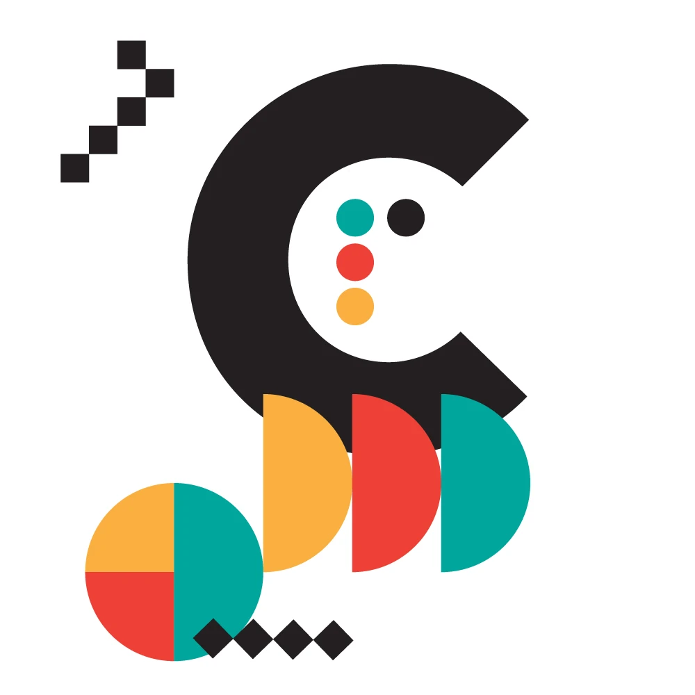 Minimalistická grafika s veľkým čiernym tvarom „C“ a farebnými geometrickými kruhmi a polkruhmi